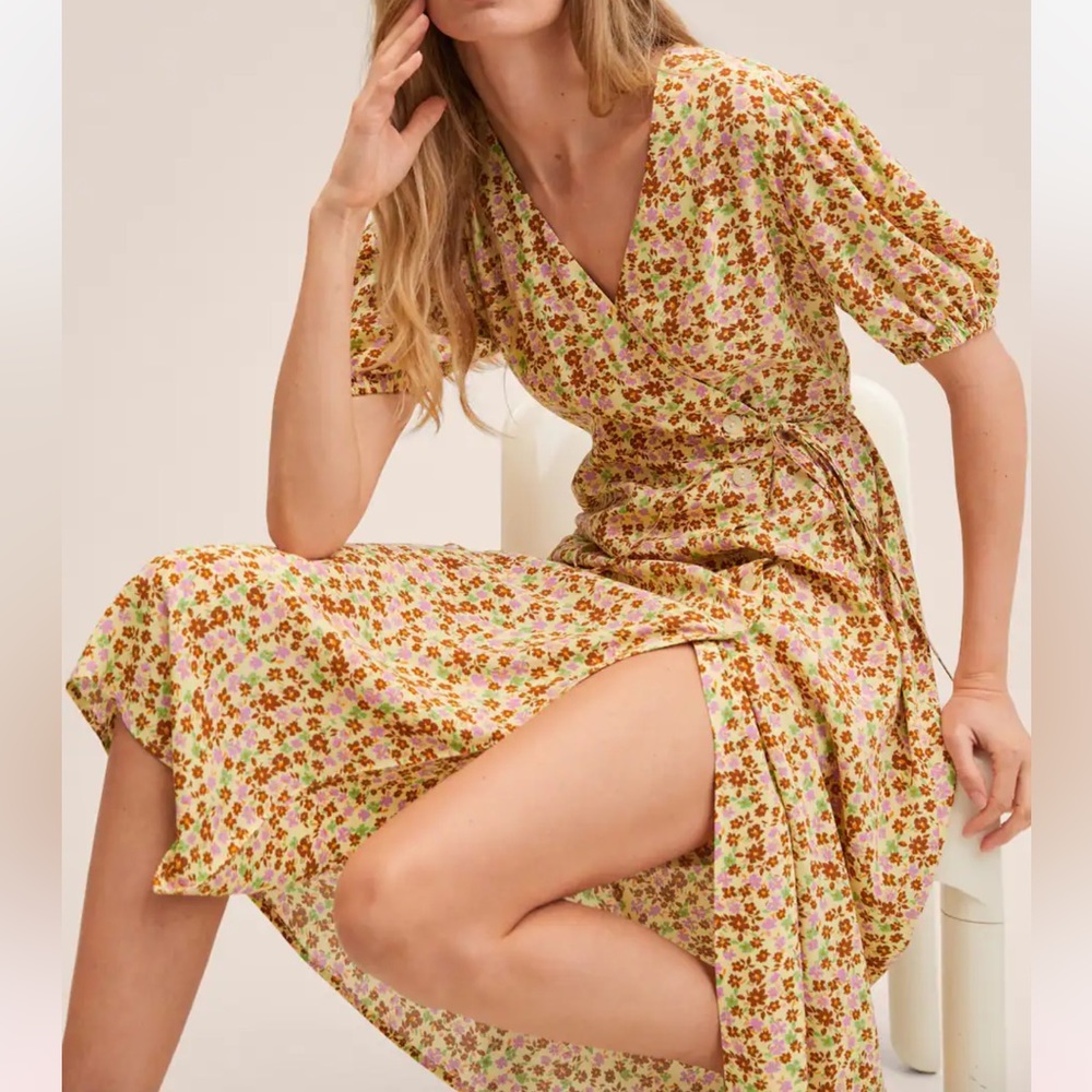 MANGO Printed dress with balloon sleeves, Size 2, Color Vanilla/Light Yellow